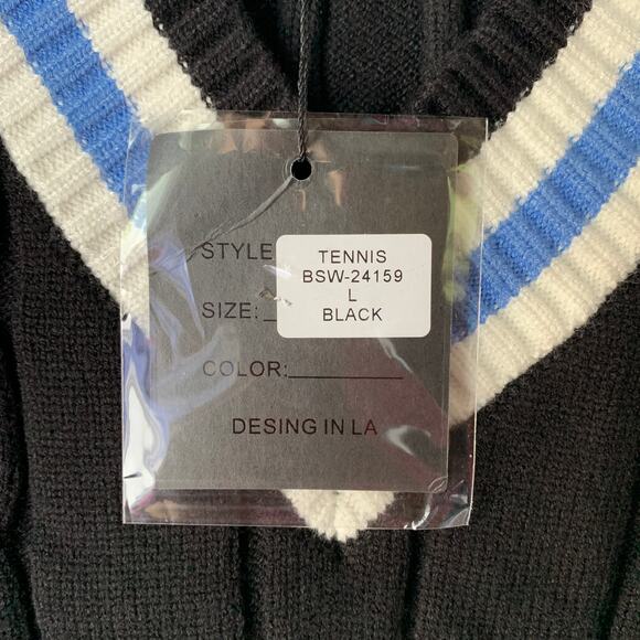 Balboa Fashion Cable Knit Tennis Sweater Black Blue Striped Crop With Tag Size L - Picture 11 of 16